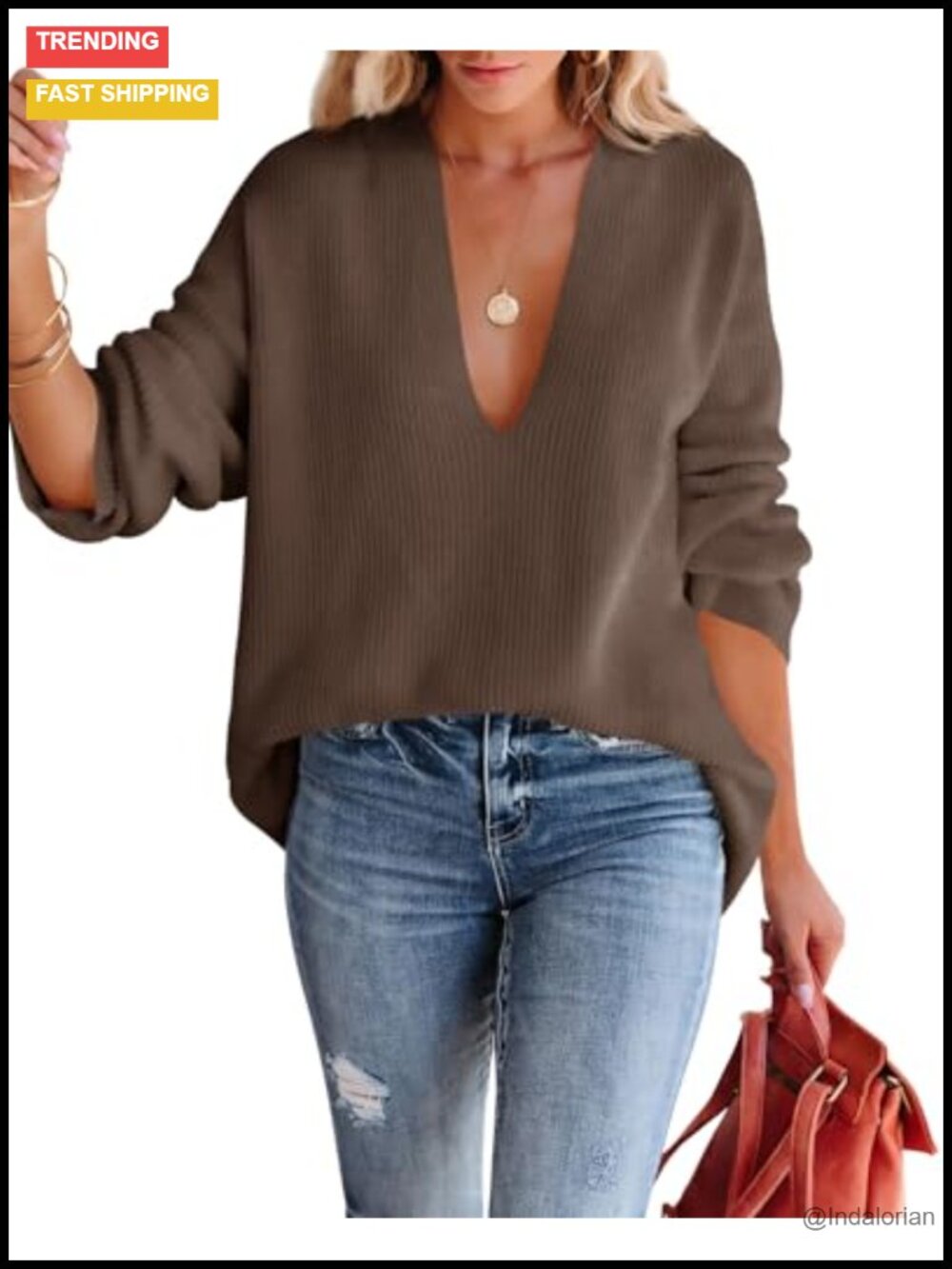 Oversized Deep V Neck Waffle Knit Pullover Sweater Long Sleeve